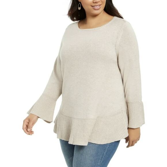 Style & Co. Beige Ribbed Ruffle Hem and Cuffs Pullover Tunic Sweater - Picture 1 of 10